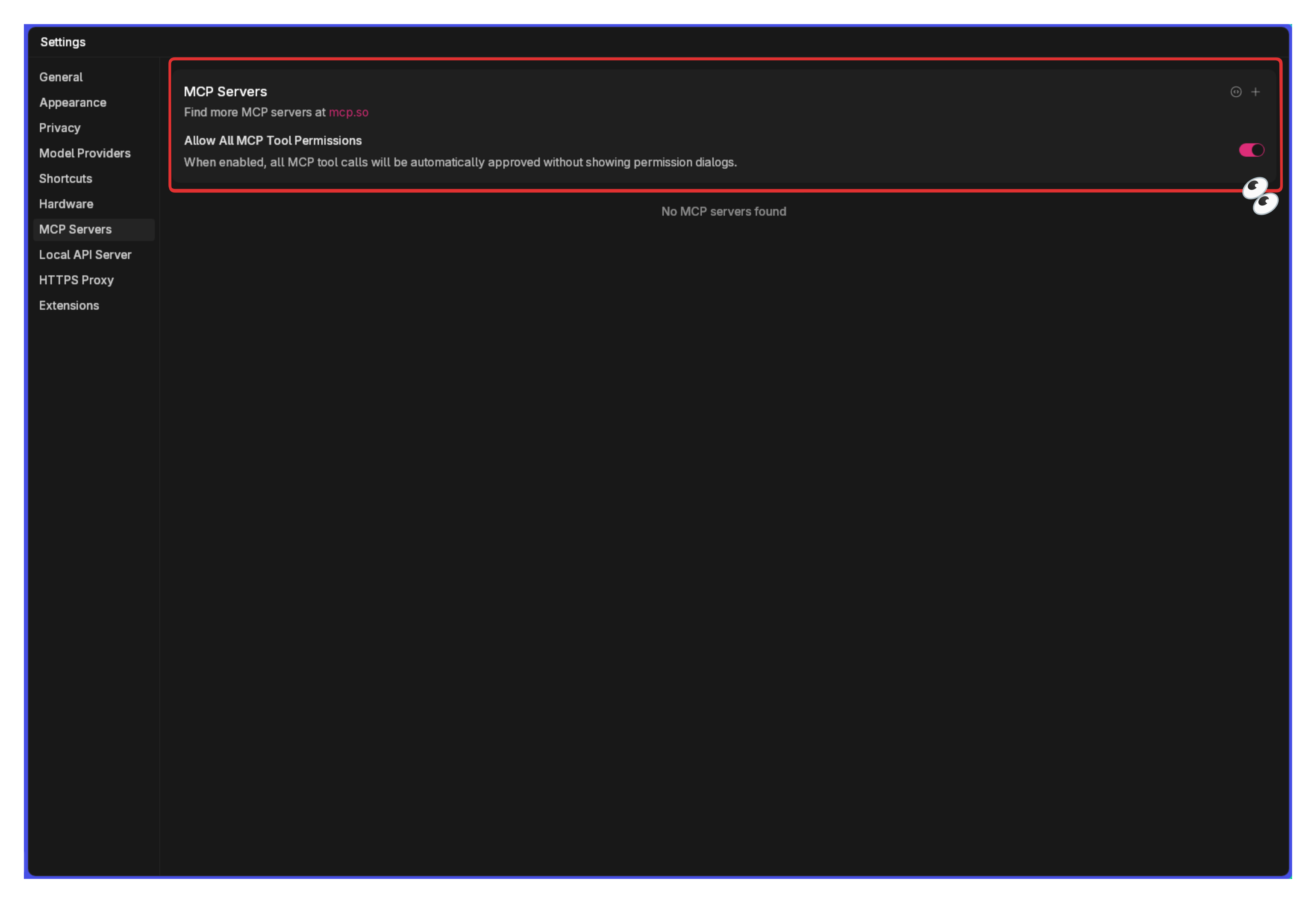 MCP settings page with toggle enabled